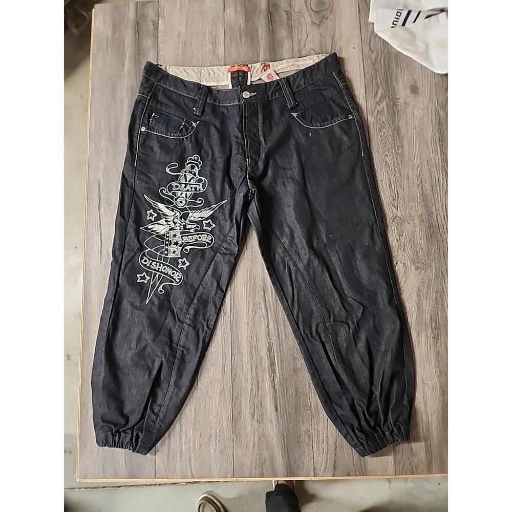 Ed Hardy Jeans Mens 42x34 Blue White Script Logo Print Embroidered Rear Pockets